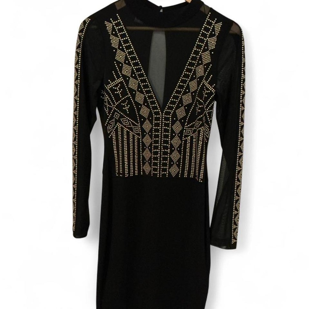 Venus black long-sleeve mini dress featuring an‎ intricate gold embellishments